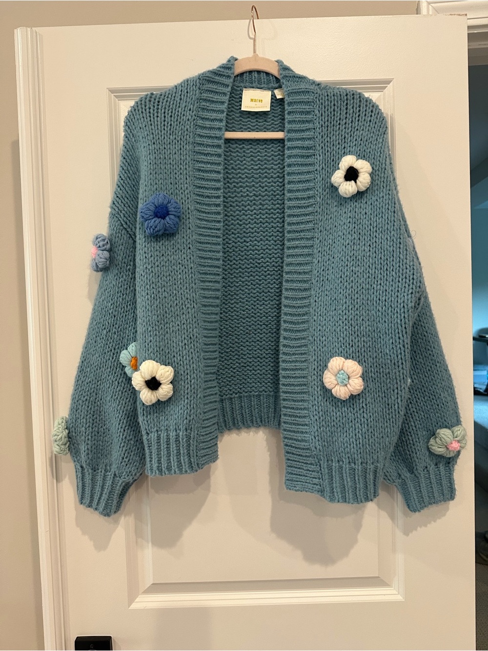Anthropologie Maeve Blue Floral Appliqué Cardigan Sweater